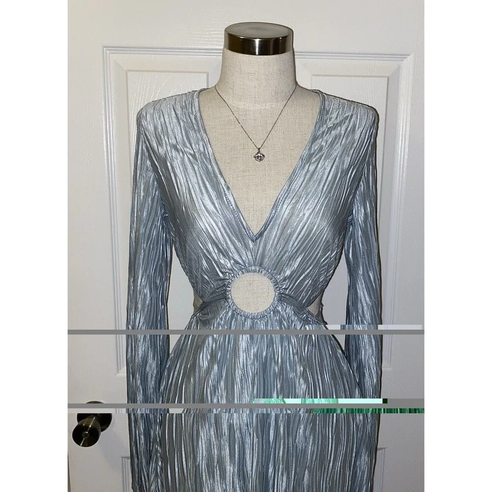 FOREVER 21 BlueMetallic Pleated Ring Cutout V-Neck Maxi Dress XL